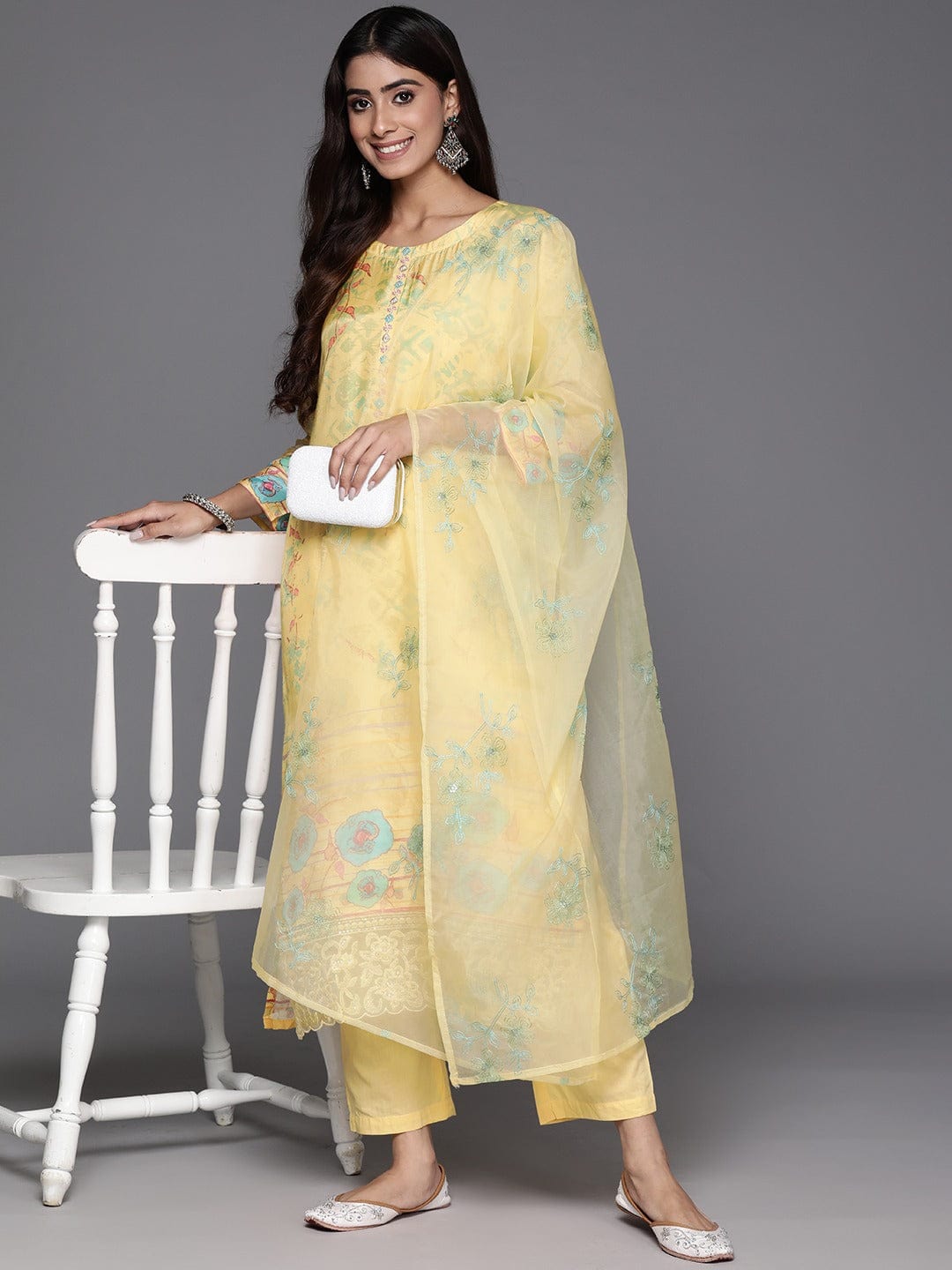 Varanga Women Yellow Abstract Printed Round Neck Straight Pure Muslin Kurta Paired With Tonal Bottom And   Organza Embroiderd Dupatta