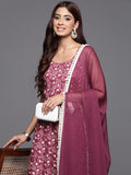 Varanga Women Burgundy Floral Printed Anarkali Kurta With Tonal Bottom And Dupatta