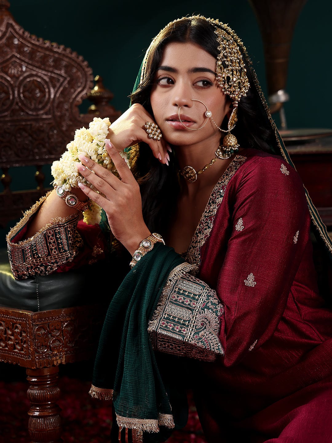 Varanga Women Maroon Contarst Zari Embroidered Kurta With Bottom And Dupatta