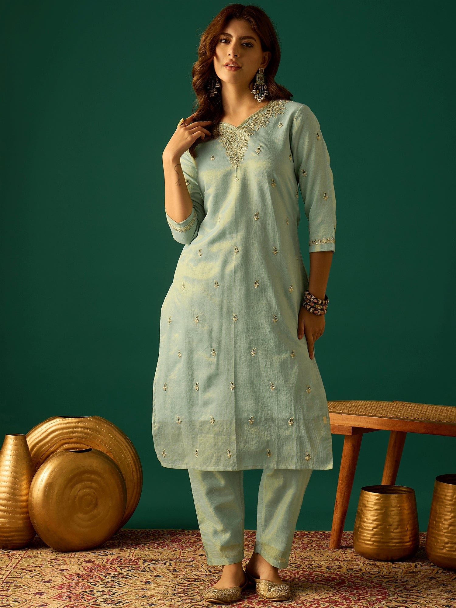 Zari-Embroidered Kurta Paired With Solid Trousers And A Tonal Dupatta