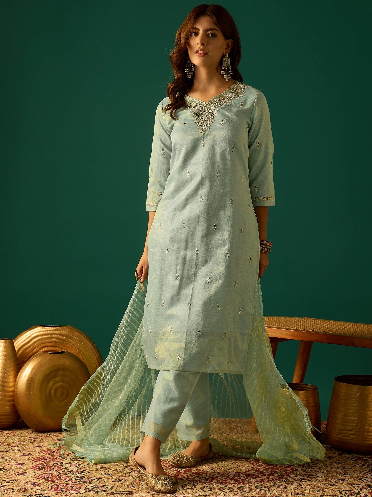 Zari-Embroidered Kurta Paired With Solid Trousers And A Tonal Dupatta