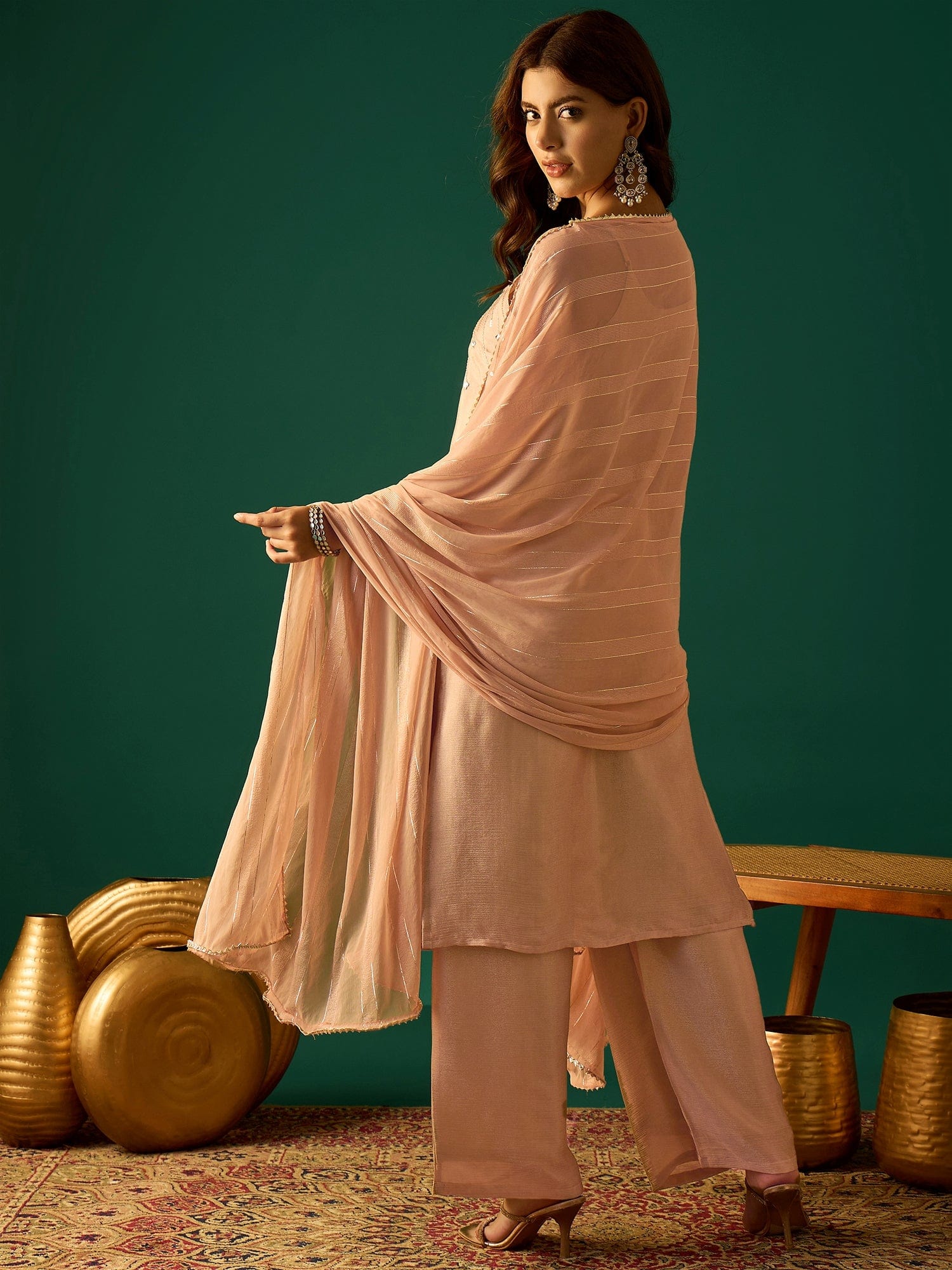 Peach Zari-Embroidered Kurta With Spaghetti Straps, Paired With Solid Trousers And A Lace-Trimmed Dupatta For An Elegant Festive Look