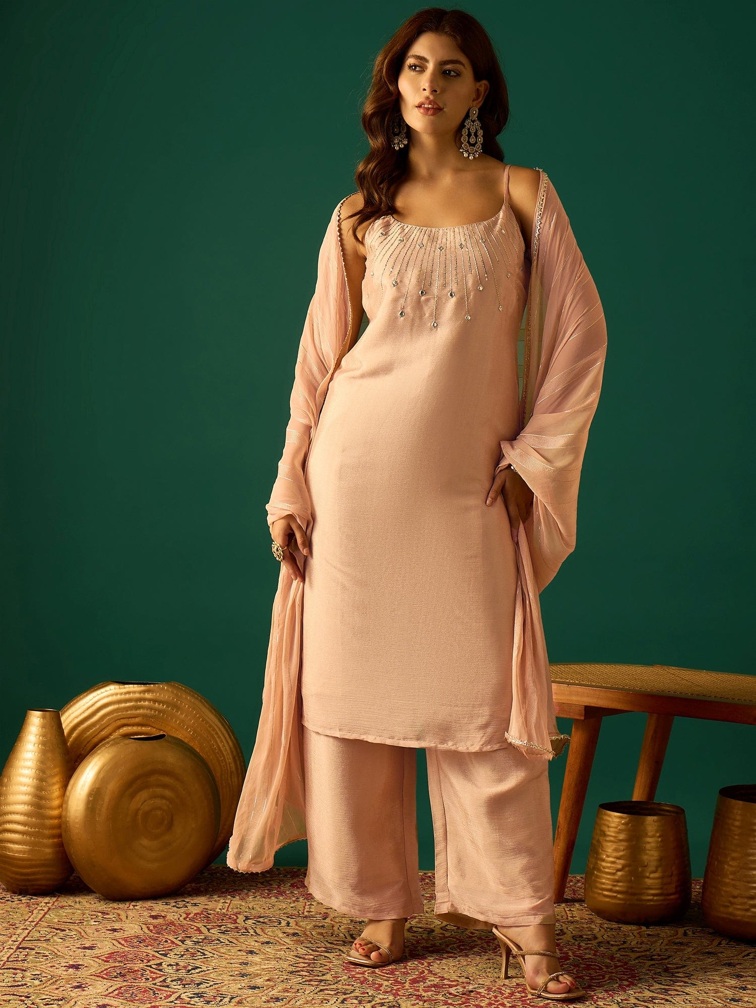 Peach Zari-Embroidered Kurta With Spaghetti Straps, Paired With Solid Trousers And A Lace-Trimmed Dupatta For An Elegant Festive Look