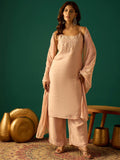 Peach Zari-Embroidered Kurta With Spaghetti Straps, Paired With Solid Trousers And A Lace-Trimmed Dupatta For An Elegant Festive Look