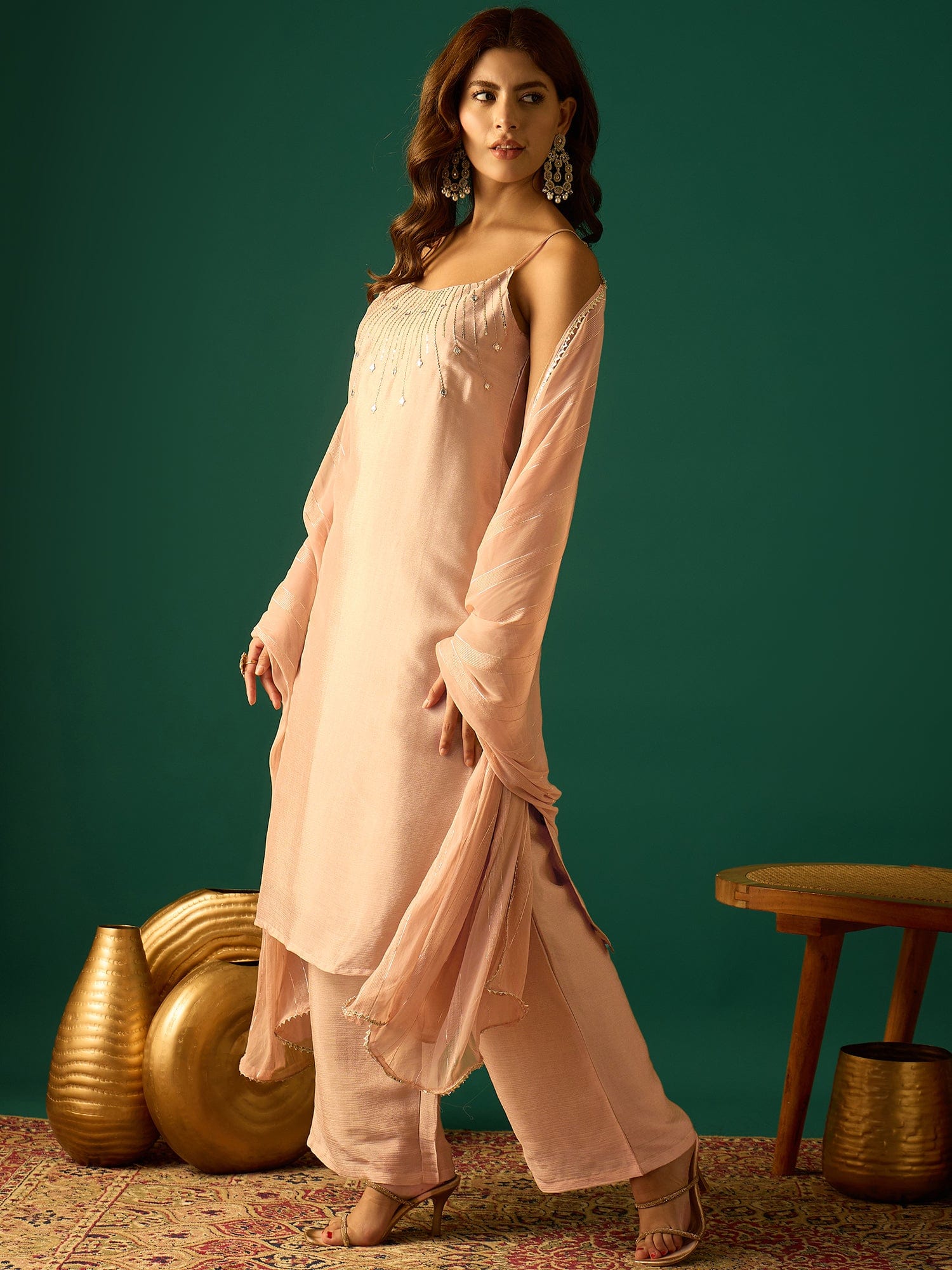 Peach Zari-Embroidered Kurta With Spaghetti Straps, Paired With Solid Trousers And A Lace-Trimmed Dupatta For An Elegant Festive Look