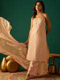 Peach Zari-Embroidered Kurta With Spaghetti Straps, Paired With Solid Trousers And A Lace-Trimmed Dupatta For An Elegant Festive Look