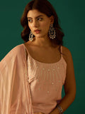Peach Zari-Embroidered Kurta With Spaghetti Straps, Paired With Solid Trousers And A Lace-Trimmed Dupatta For An Elegant Festive Look