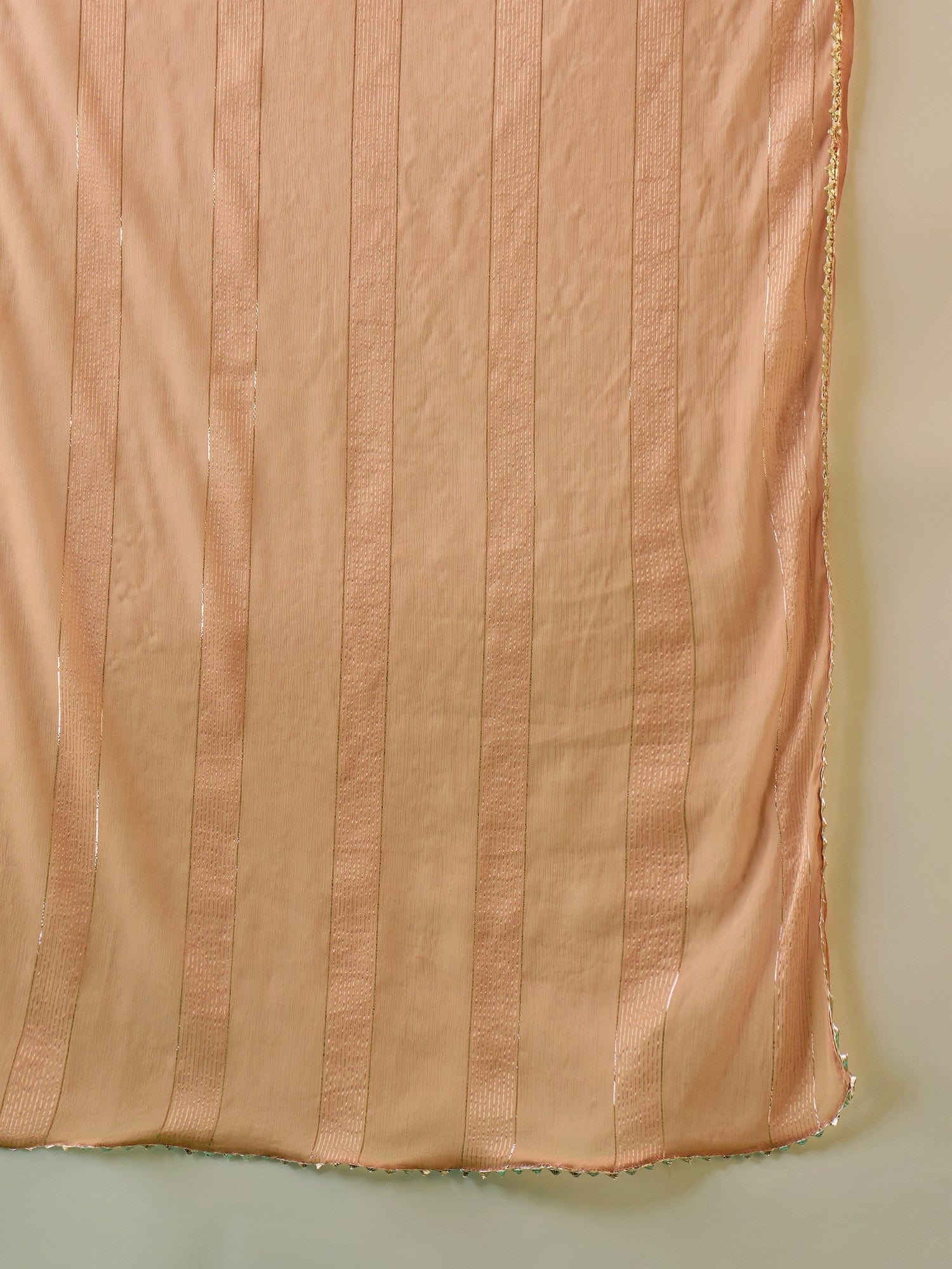 Peach Zari-Embroidered Kurta With Spaghetti Straps, Paired With Solid Trousers And A Lace-Trimmed Dupatta For An Elegant Festive Look