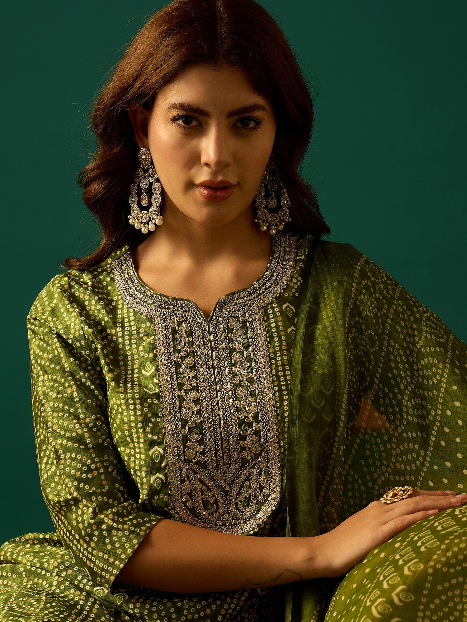 Kurta With Zari-Embroidered Yoke, Paired With Trousers And A Solid Lace-Detailed Dupatta