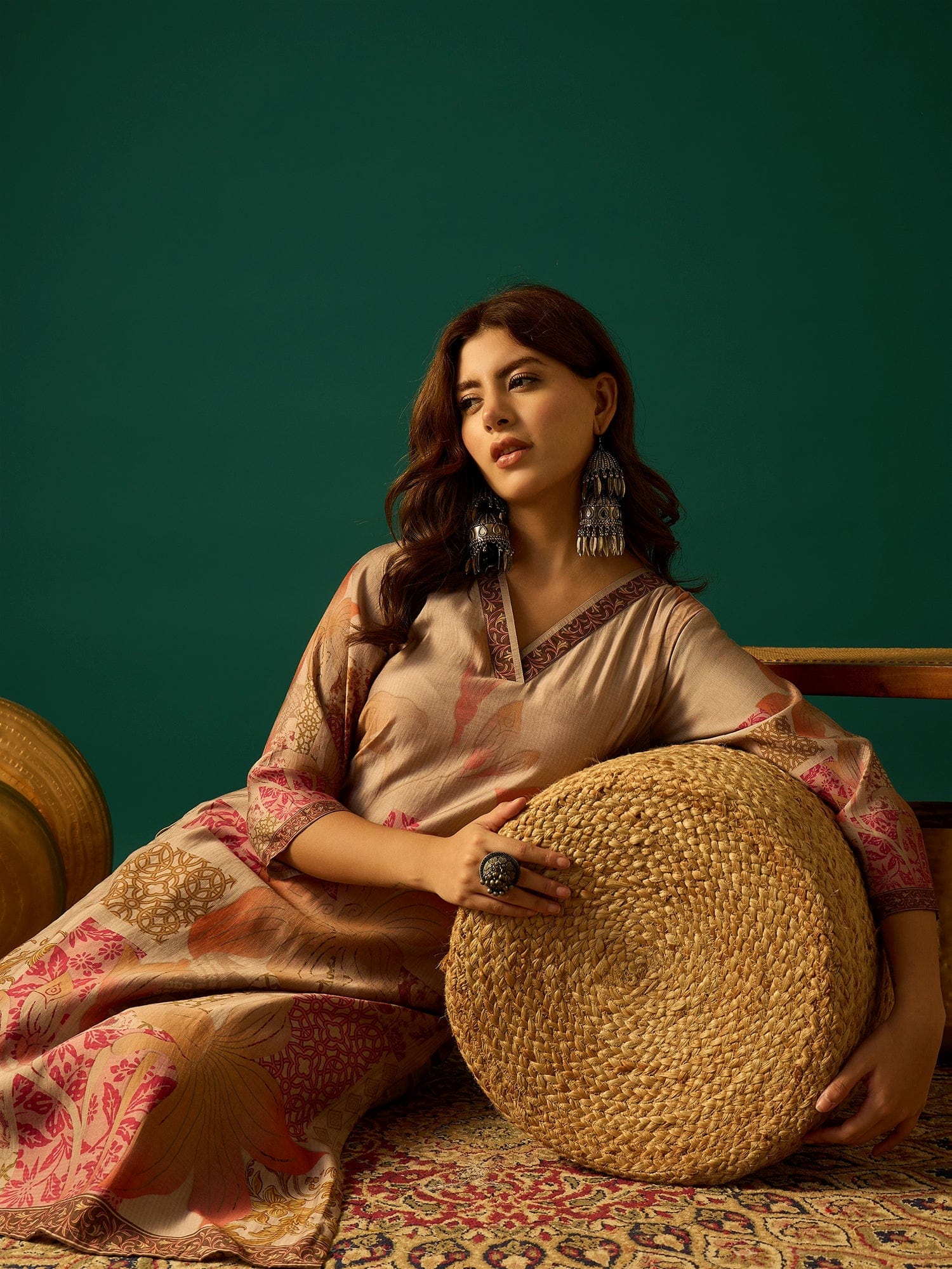 Elegant Floral Printed Straight-Fit Kurta With Three-Quarter Sleeves And V-Neck, Paired With Solid Ankle-Length Trousers For A Classic Look