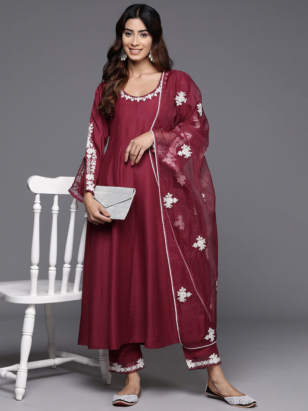 Varanga Women Embroidered Thread Work Anarkali Kurta with Trousers & With Dupatta