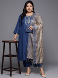 Varanga Women Plus Size Embroidered Yoke Straight Kurta Paired With Tonal Bottom And Printed Bhagalpuri Dupatta