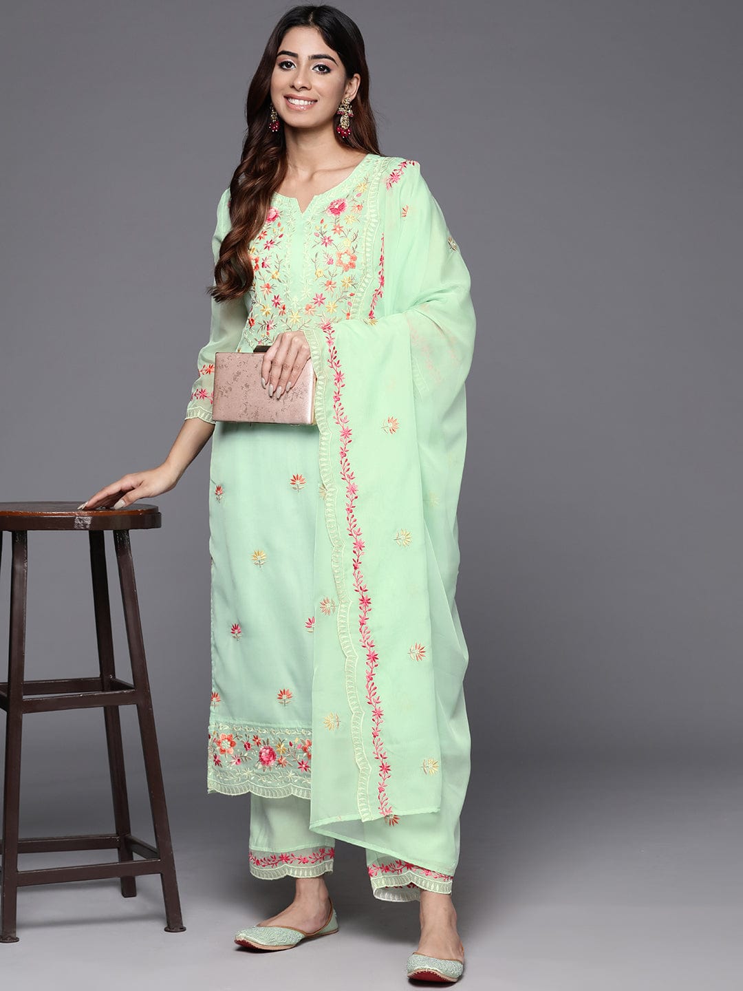 Varanga Women Sea Green Thread Embroidered Kurta With Bottom And Dupatta