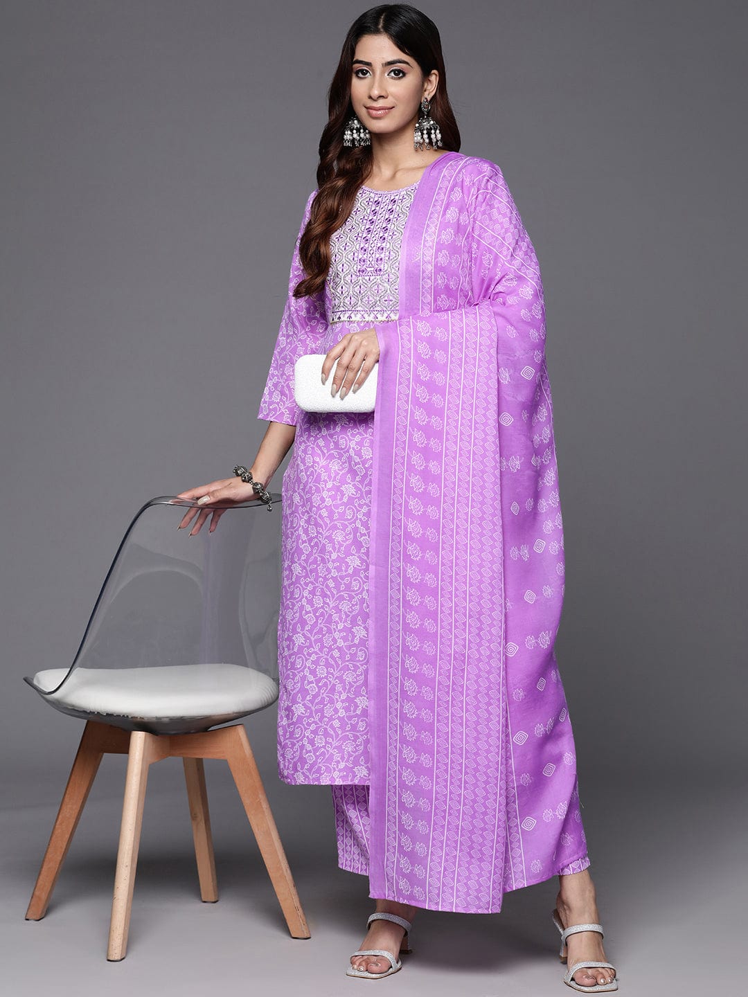 Varanga Women Lavender Floral Printed Embroidered Kurta Paired With Bottom And Dupatta