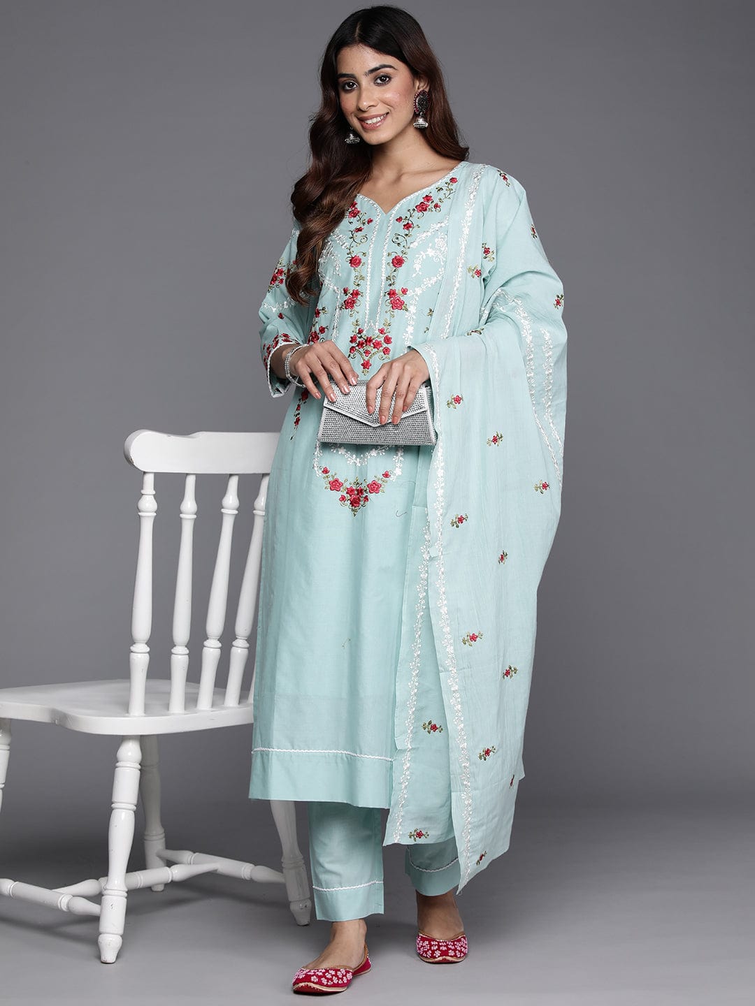 Varanga Floral Embroidered Thread Work Pure Cotton Kurta with Trousers & Dupatta