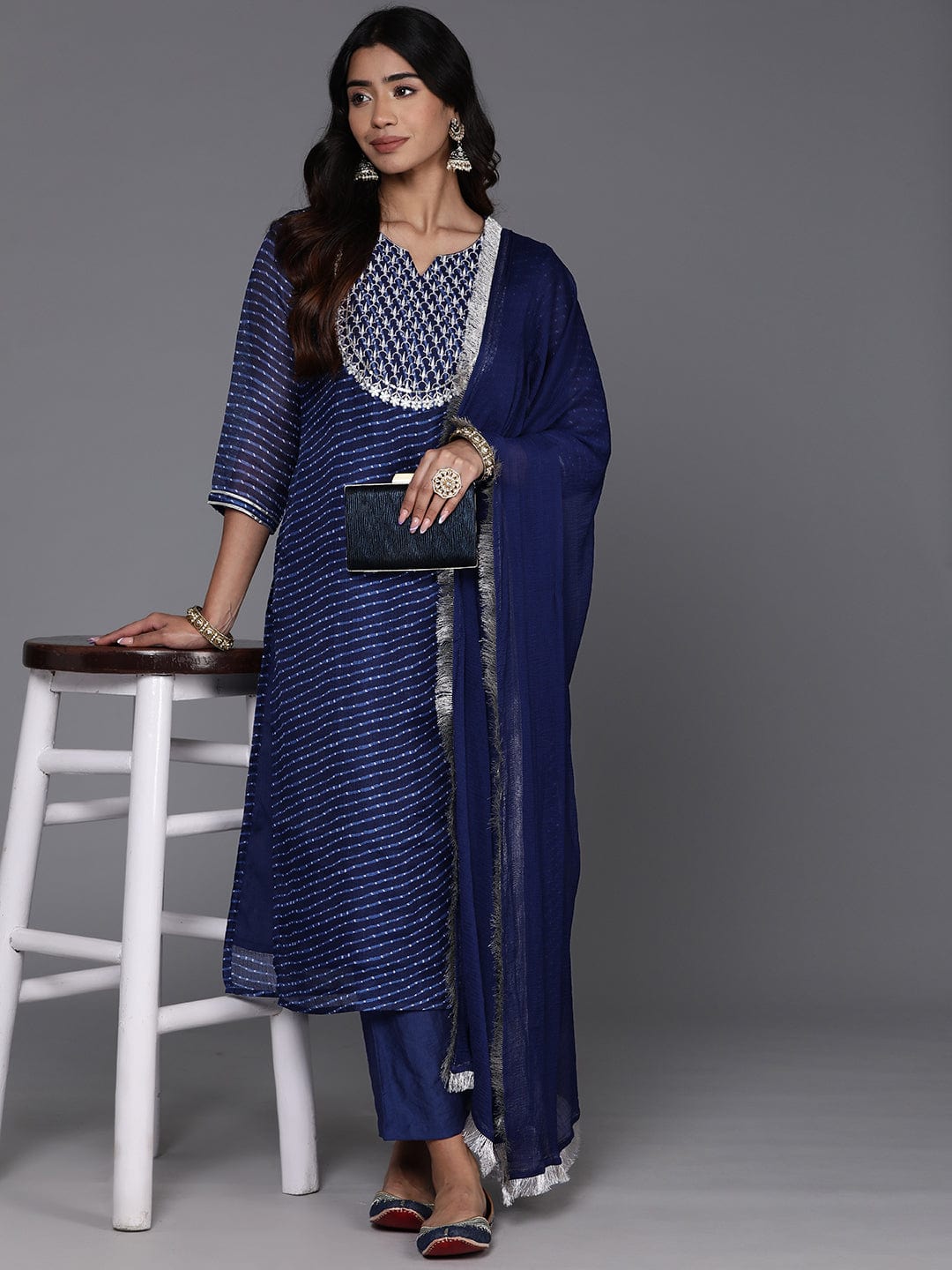 Varanga Women Blue Laheriya Straight Kurta With Tonal Bottom And Dupatta