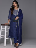 Varanga Women Blue Laheriya Straight Kurta With Tonal Bottom And Dupatta