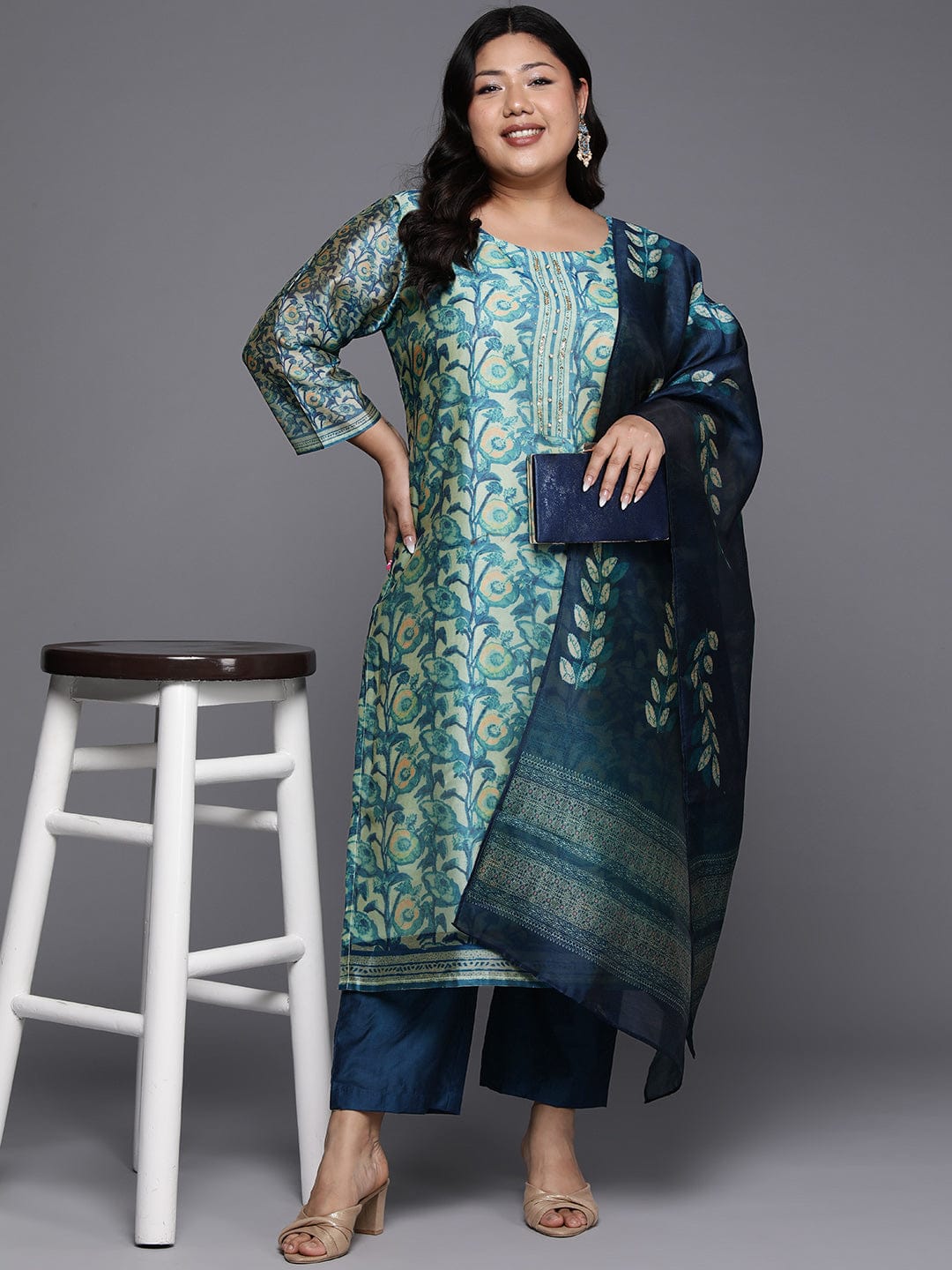 Varanga Women Plus Size Blue Floral Printed Kurta, Round Neck Straight Kurta Paired With Tonal Bottom And Printed Dupatta.