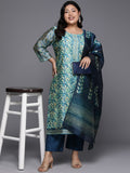 Varanga Women Plus Size Blue Floral Printed Kurta, Round Neck Straight Kurta Paired With Tonal Bottom And Printed Dupatta.