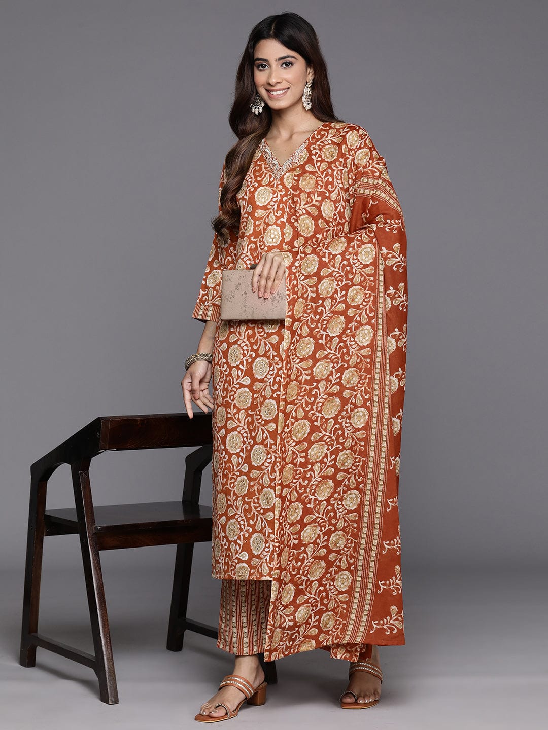 Varanga Women Rust  Floral Printed Kurta Paired With Bottom & Dupatta