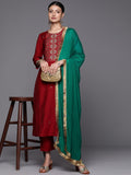 Varanga Women Red Yoke Embroidered Kurta Paired With Tonal Bottom And Contrast Dupatta