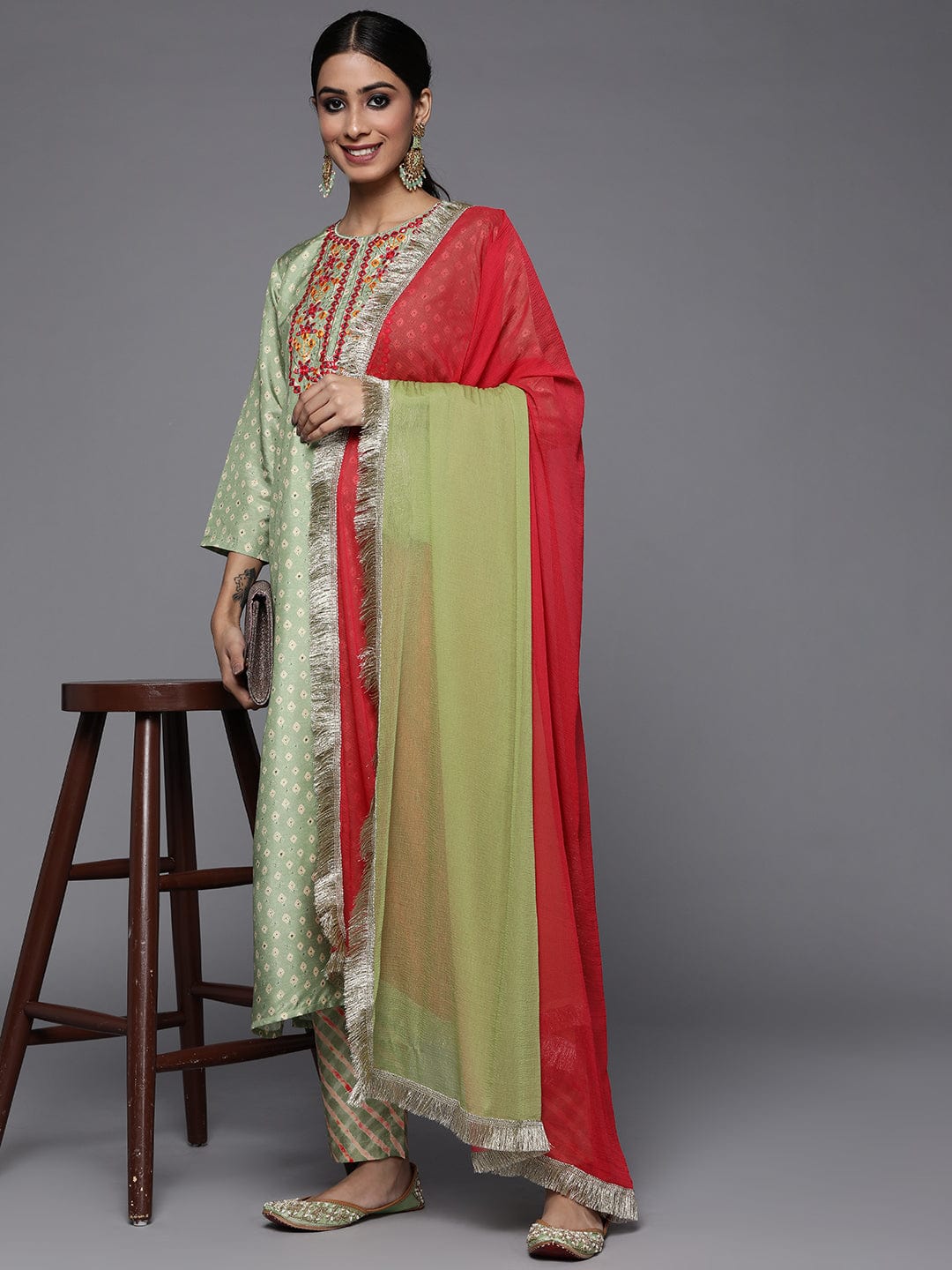 Varanga Women Green Leheriya Embroidered Mirror Work Kurta With Trousers With Dupatta