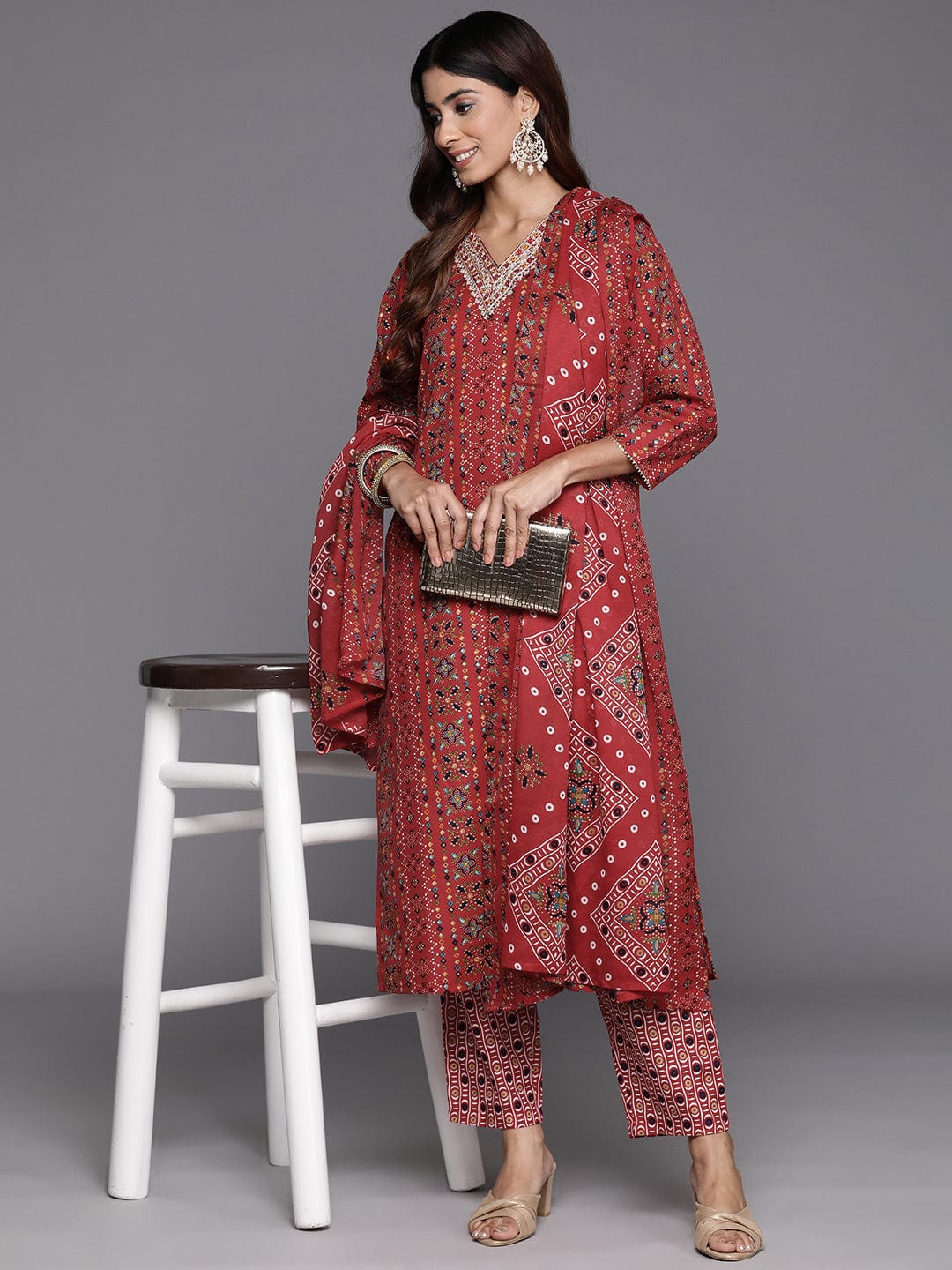 Varanga Women Red Printed  V-Neck Embroidered Kurta With Bottom And Dupatta
