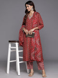 Varanga Women Red Printed  V-Neck Embroidered Kurta With Bottom And Dupatta