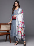 Varanga Women Grey Straight Kurta With Tonal Bottom & Printed Bhaghalpuri Dupatta