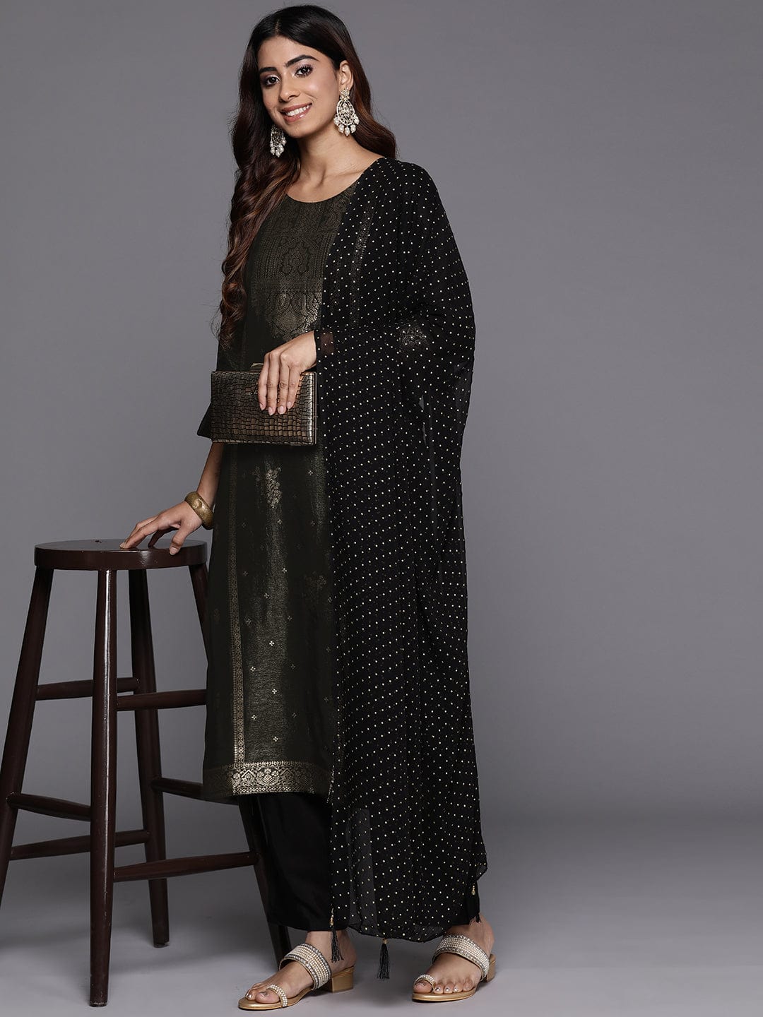 Varanga Women Black Jacquard Weave Kurta With Bottom And Dupatta