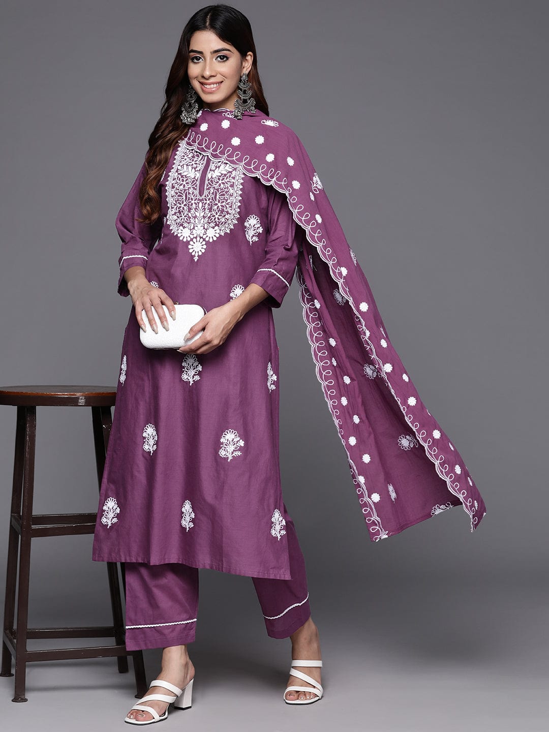 Varanga Women Purple Thread Embroidered Kurta With Tonal Bottom And Dupatta