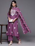 Varanga Women Purple Thread Embroidered Kurta With Tonal Bottom And Dupatta