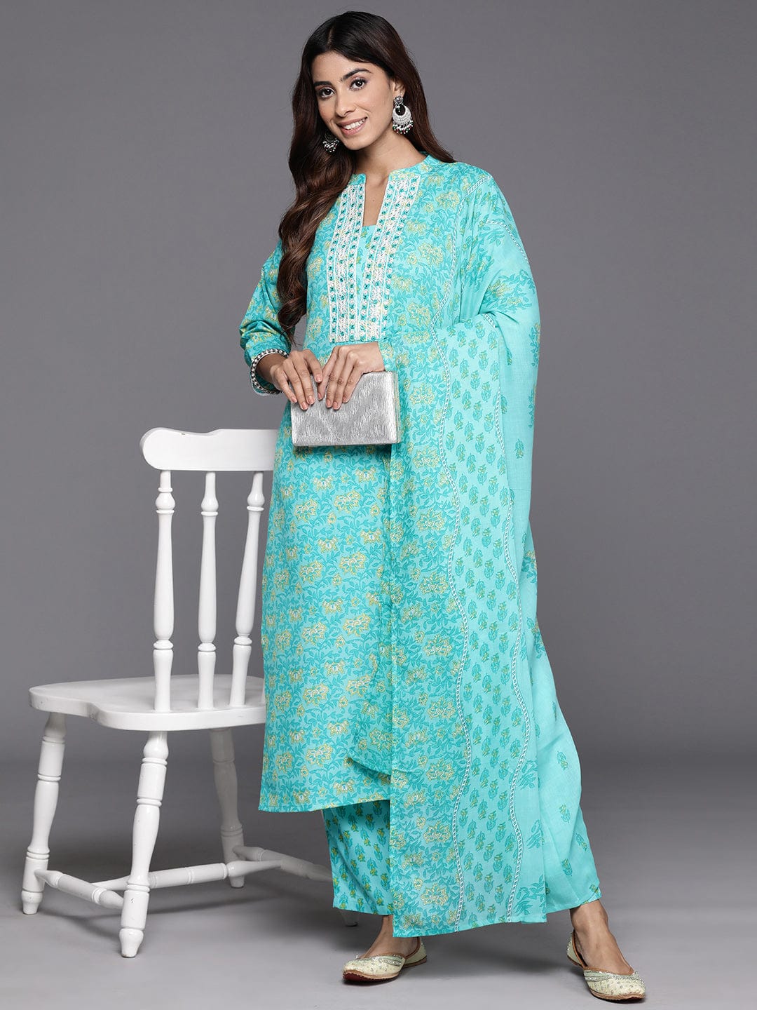 Varanga Women Blue Floral Kurta Paired With Bottom & Dupatta