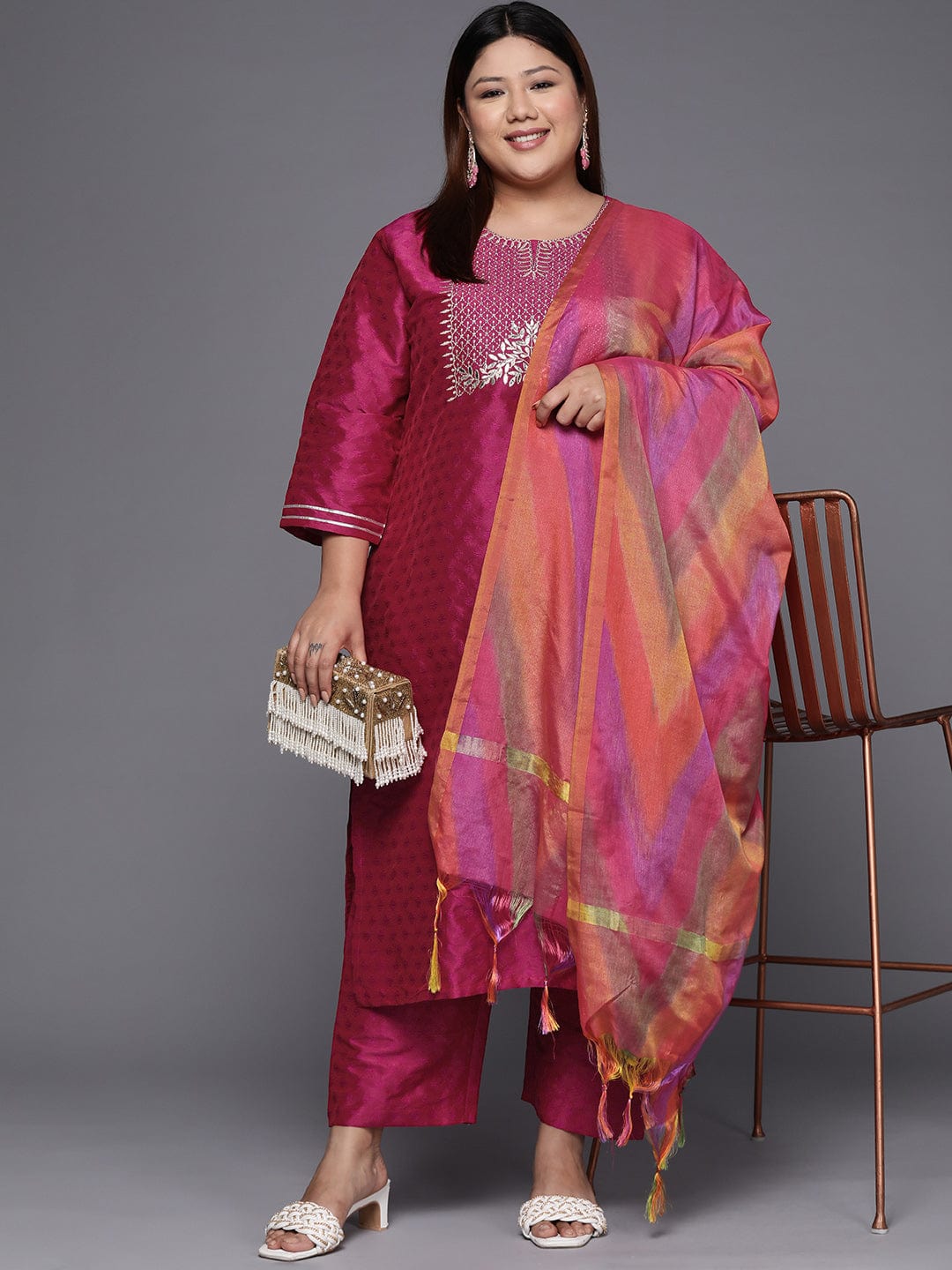 Varanga Women Plus Size Magenta Floral Embroidered Kurta with Trousers & Dupatta