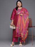 Varanga Women Plus Size Magenta Floral Embroidered Kurta with Trousers & Dupatta