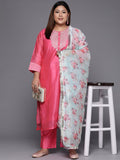Varanga Women Plus Size Floral Yoke Design Sequinned Chanderi Silk Kurta with Trousers & Dupatta