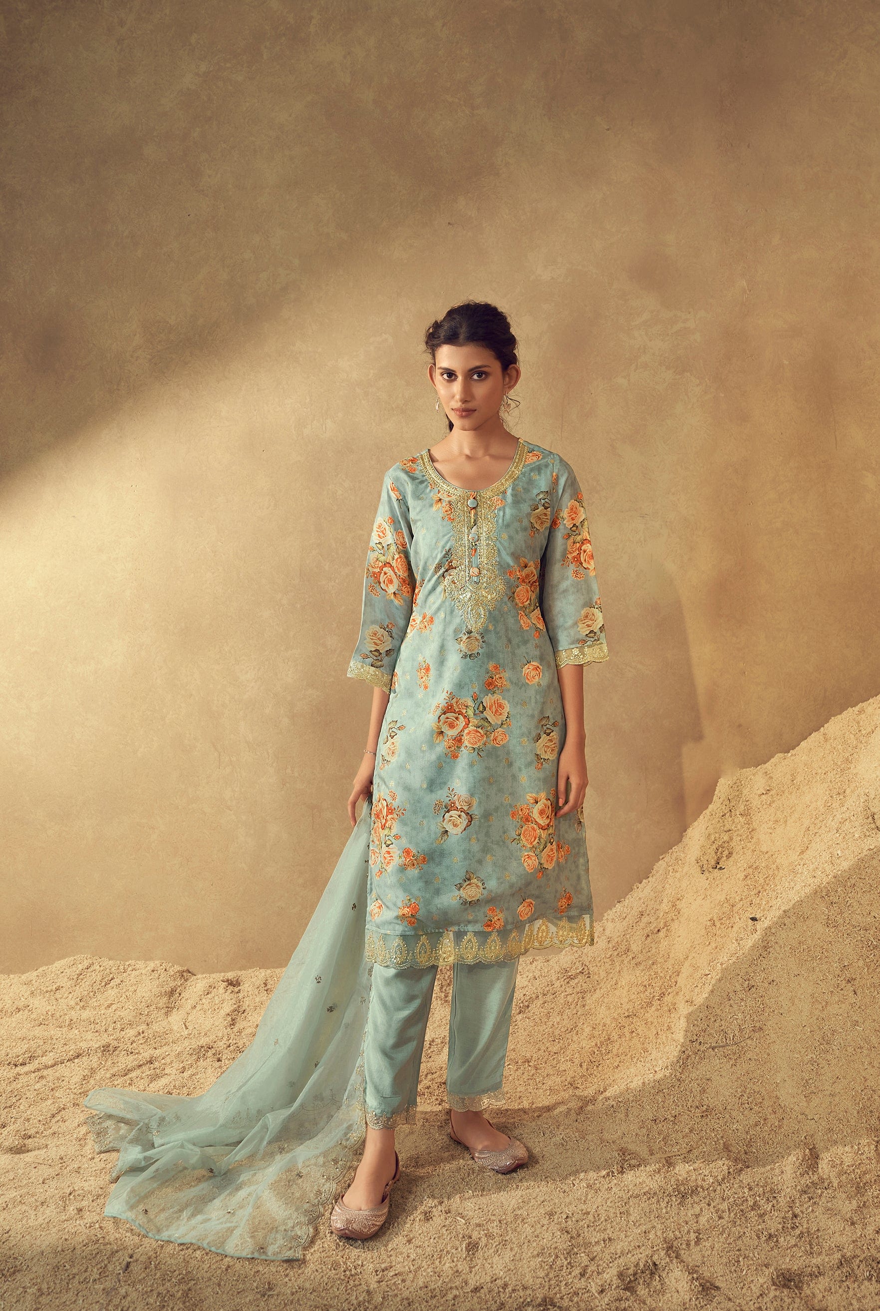 Varanga Women Sea Green Floral Printed Zari Embroidered Kurta With Bottom And Dupatta