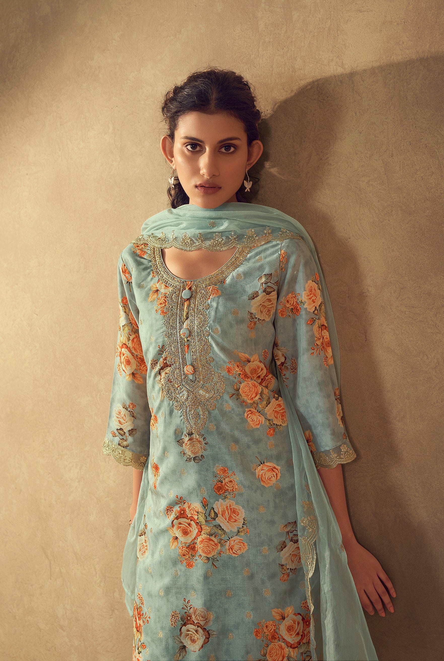 Varanga Women Sea Green Floral Printed Zari Embroidered Kurta With Bottom And Dupatta