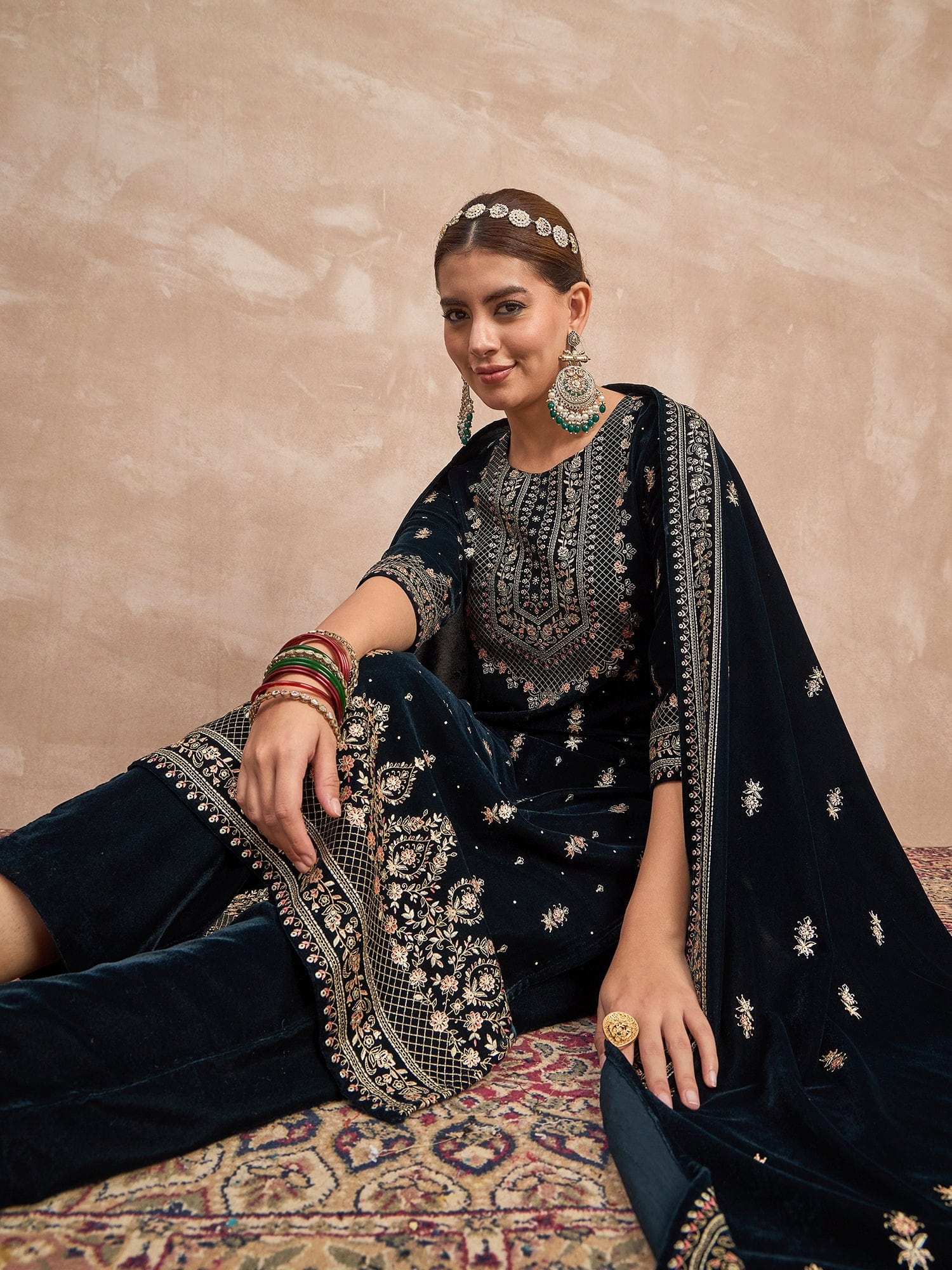 Velvet  Kurta Set , Paired With Trousers, And A Printed Velvet Dupatta