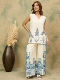 Off-white printed co-ord set featuring a sleeveless V-neck top and relaxed palazzo trousers for a chic, casual look