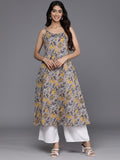 Varanga Women Grey And Mustard Yellow Floral printed Cotton Kurta