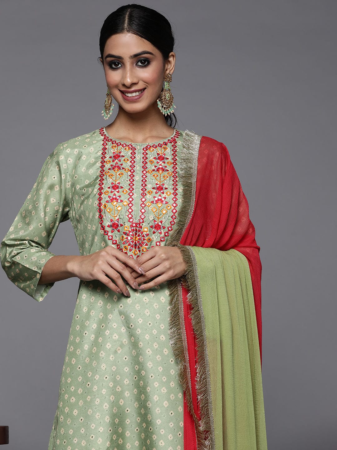 Varanga Women Green Leheriya Embroidered Mirror Work Kurta With Trousers With Dupatta