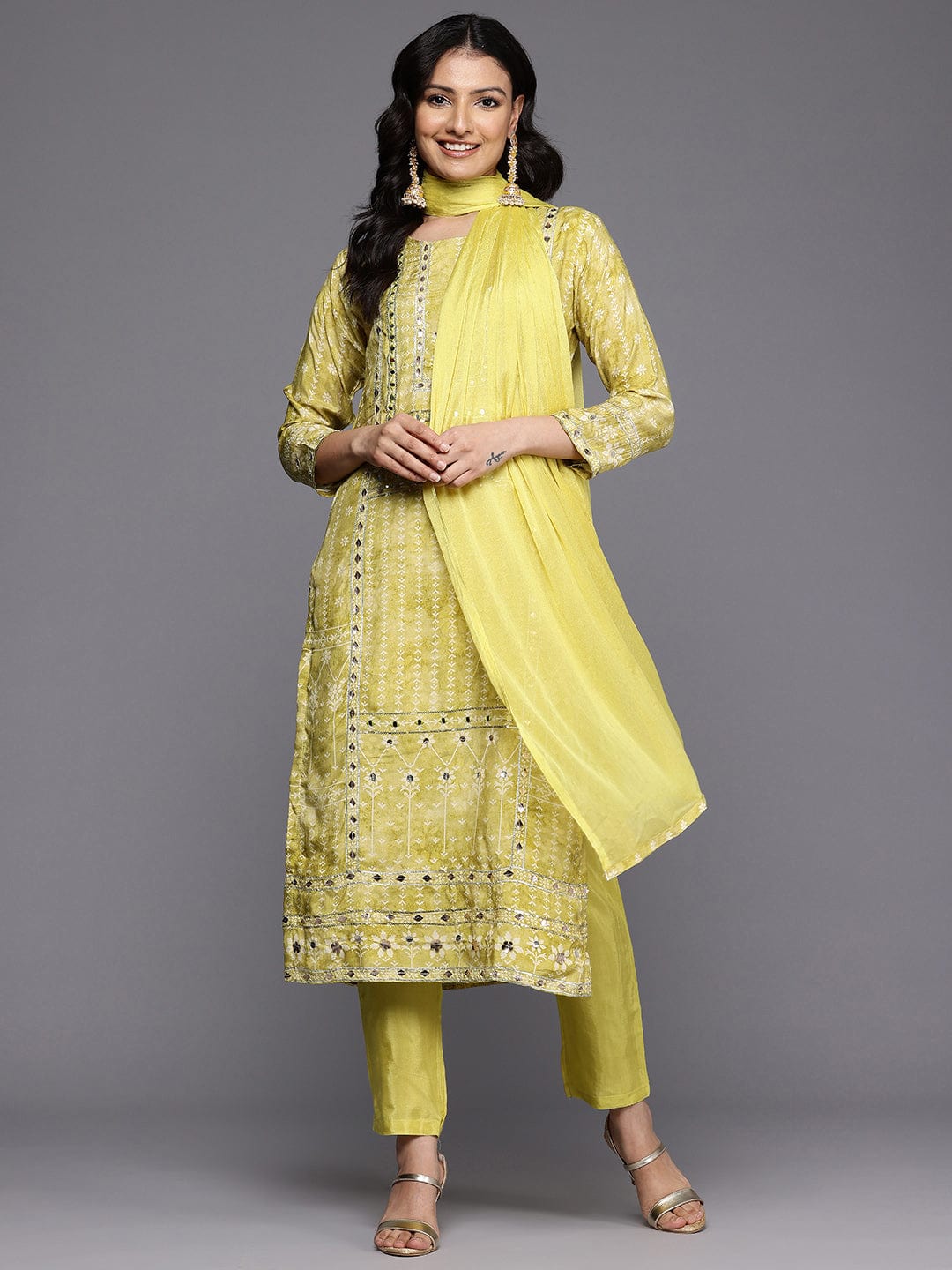Varanga Women Lime Green Mirror And Gota Hand Embellished Kurta Set With Dupatta