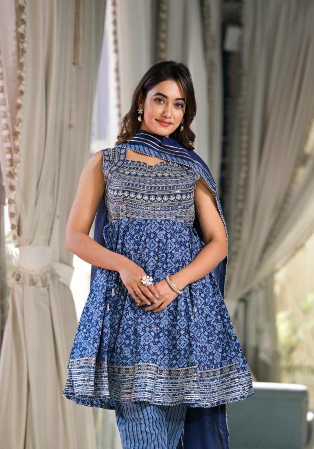 Varanga Women Blue Ethnic Printed With Embroidery, Flared Kurta With Trouser And Dupatta