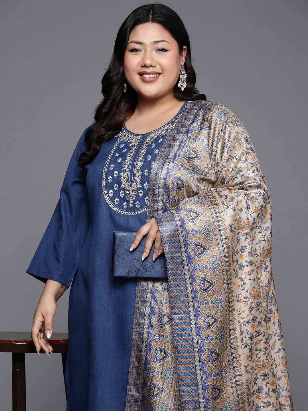 Varanga Women Plus Size Embroidered Yoke Straight Kurta Paired With Tonal Bottom And Printed Bhagalpuri Dupatta