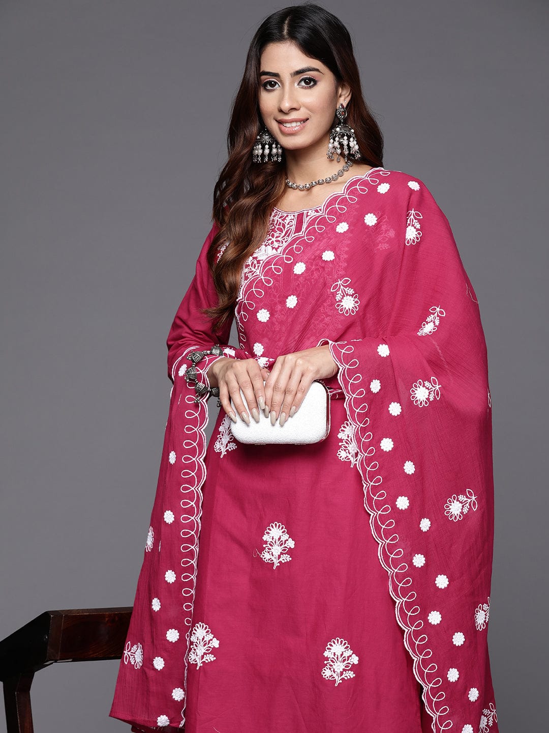 Varanga Floral Embroidered Thread Work Pure Cotton Kurta with Trousers & Dupatta