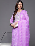 Varanga Women Lavender Floral Printed Embroidered Kurta Paired With Bottom And Dupatta