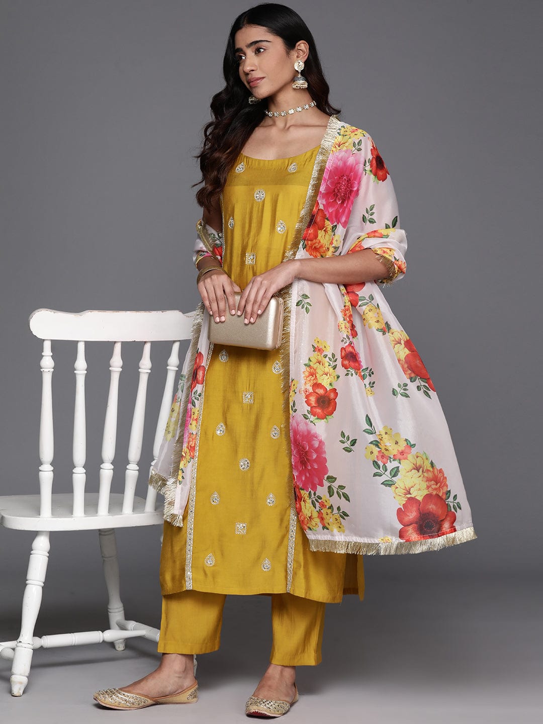 Mustard Embroidered Straight Kurta Paired With Tonal Bottom And Contrast Dupatta