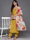 Mustard Embroidered Straight Kurta Paired With Tonal Bottom And Contrast Dupatta