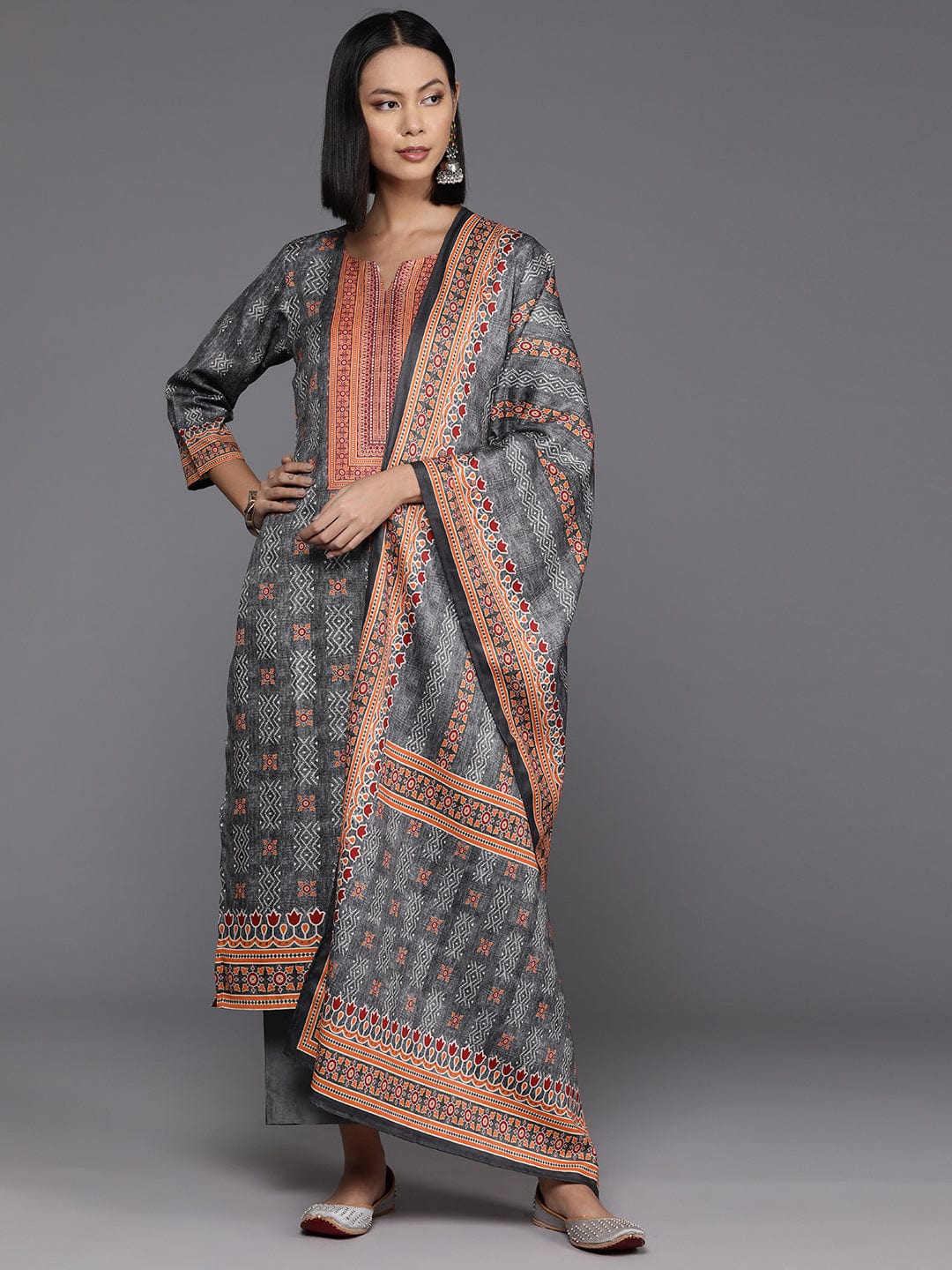 Varanga Women Grey Ethnic Motif Printed Straight Kurta With Tonal Bottom And Dupatta